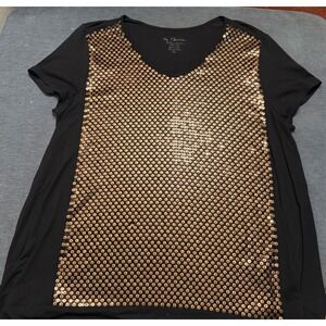 Chicos Womens Black V-Neck T-Shirt Bronze Sequin Front Panel Size 2 Large